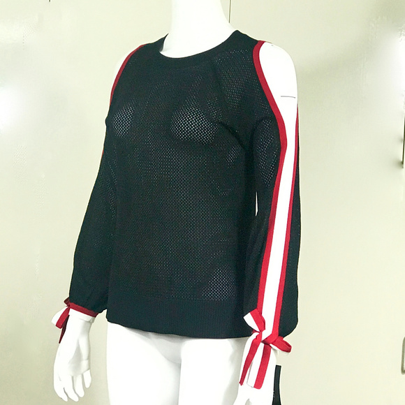 INC Striped Sleeve Cold Shoulder Top - Picture 2 of 8